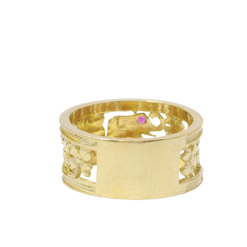 14KT Gold Ring Women's Two Tone "Good Luck" Open Split Band Plain Double Border on Top/Lower Bands (2 Flowers/ Horseshoe/ Flower Eye/ Elephant/ Owl/ Man/ 7/ 2 Flowers)