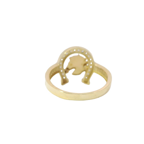 14KT Gold Ring Women's Two Tone Plain Horsehead Portrait with White CZ Stones Horseshoe Border and Band