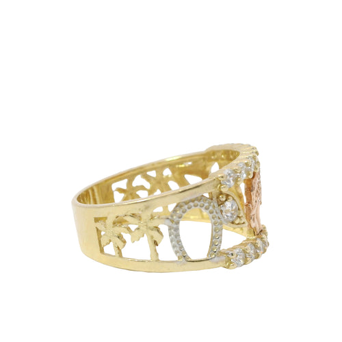 14KT Gold Ring Women's Open Split Band with White CZ Stones Border (2 palm trees/ Horseshoe/ Leaf/ Elephant/ Owl/ Man/ 7/ 2 Plam Trees)