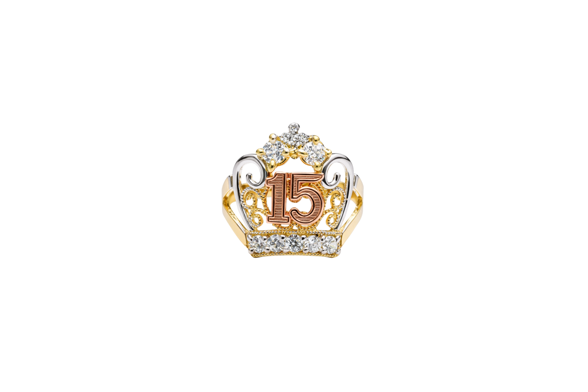 14KT Gold Ring Women's Tri Tone "15" Quinceanera Tiara with Two Round White CZ Stones on Top and Five Round White CZ Stones on Tiara Band Plain Split Band