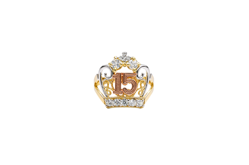 14KT Gold Ring Women's Tri Tone "15" Quinceanera Tiara with Two Round White CZ Stones on Top and Five Round White CZ Stones on Tiara Band Plain Split Band