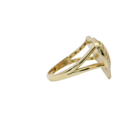 14KT Gold Ring Women's Plain Ribbed Seashell Heart with Single Row White CZ Stone Border Plain Split Band
