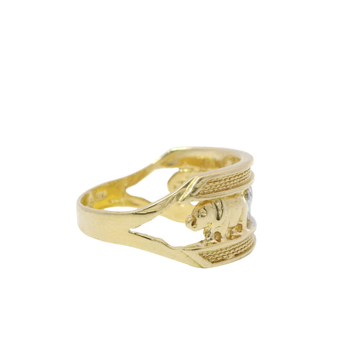 14KT Gold Ring Women's Two Tone Open Split Band with Three Left Facing Elephants Gold, White Gold, Gold and Double Plain Top/Lower Border Band