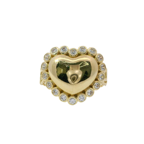 14KT Gold Ring Women's Plain Puff Heart with 18 White CZ Stones Border Chino Link Band