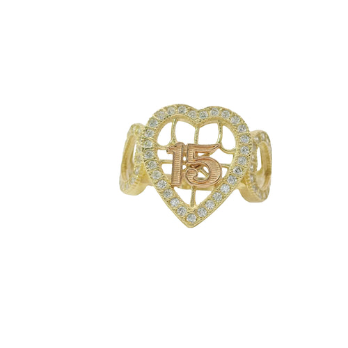 14KT Gold Ring Women's Two Tone Quinceanera "15" Heart Shape Center with Basketball lines and White CZ Stones Border Side Design Two Open White CZ Stone Hearts Plain Band