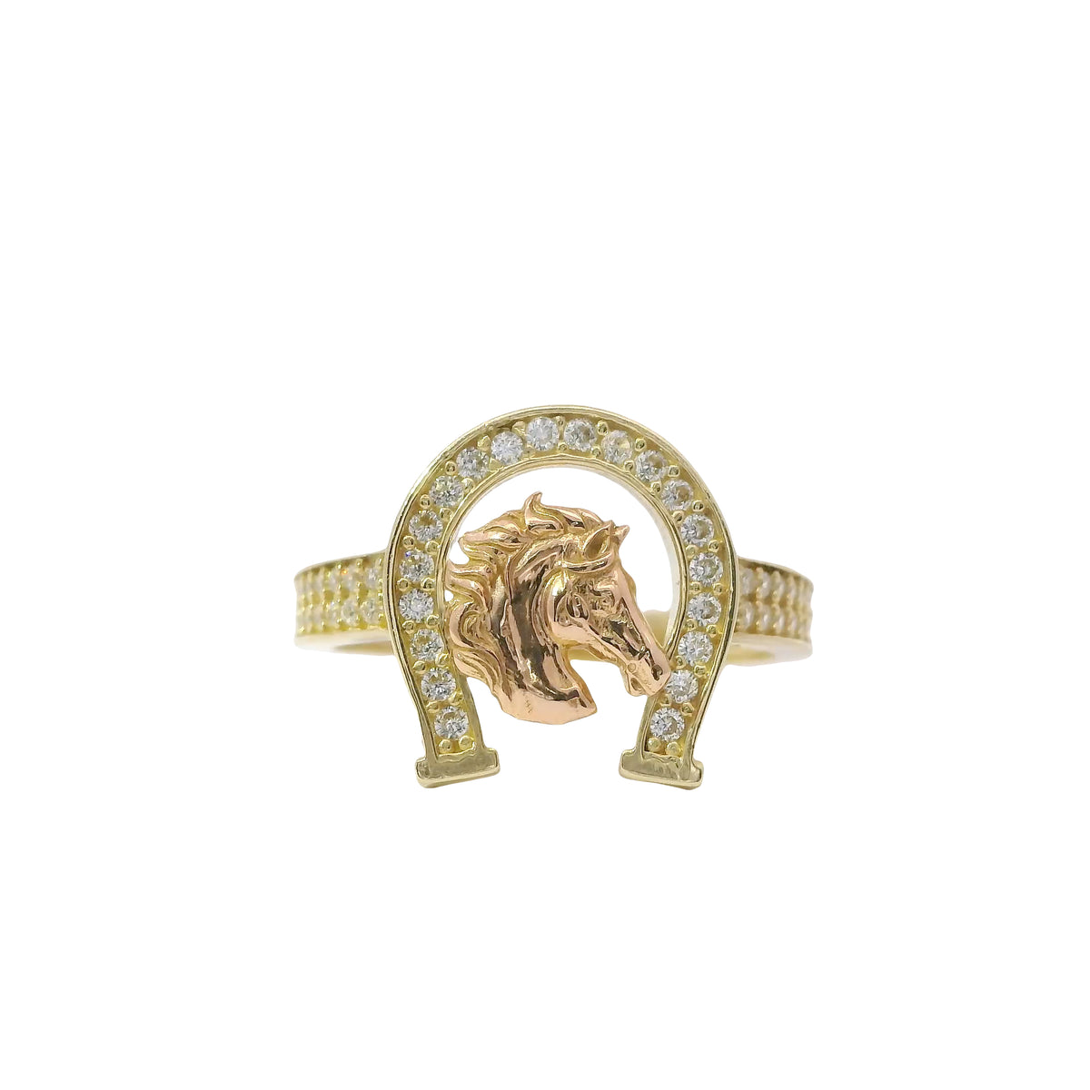 14KT Gold Ring Women's Two Tone Plain Horsehead Portrait with White CZ Stones Horseshoe Border and Band