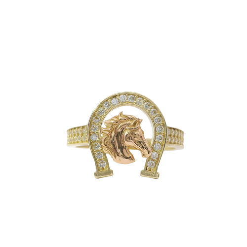 14KT Gold Ring Women's Two Tone Plain Horsehead Portrait with White CZ Stones Horseshoe Border and Band
