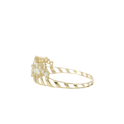 14KT Gold Ring Women's Light Weight White CZ Stone Snowflake Garland Center with Open Stripe Band
