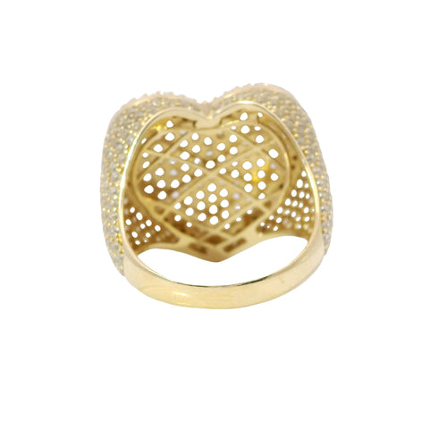 14KT Gold Ring Women's White CZ Stones Heart Flat Cluster Center with Double White CZ Row Border and 12 Row of CZ Band
