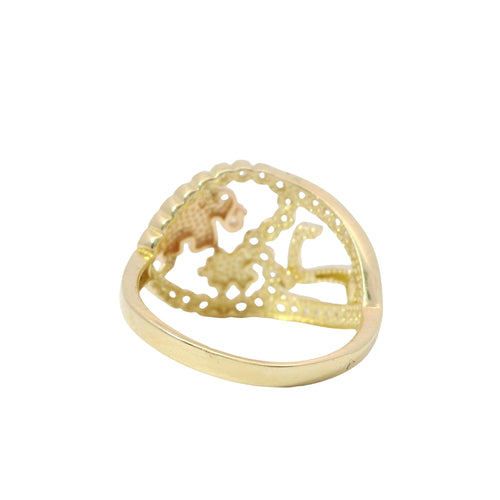 14KT Gold Ring Women's Tri Tone "Lucky Heart" Heart Shape with Open Split White CZ Stones Band "7" Center with Flower