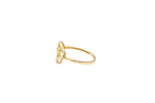 14KT Gold Ring Women's Quinceanera "15" Open Pentagon Flower Center with White CZ Stones Border Next to Smaller Pentagon Flower with Plain Border Dark Pink Center Stone and Plain Band
