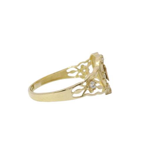 14KT Gold Ring Women's Quinceanera "15" Two Tone Sunray Heart Center White CZ Stone Border and Open Rose Vine Band