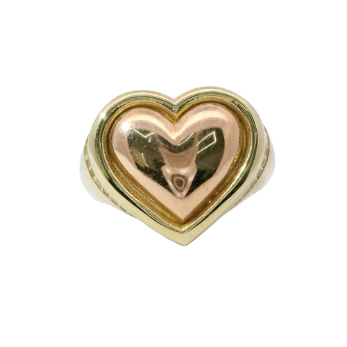 14KT Gold Ring Women's Two Tone Plain Puff Heart with Plain Puff Heart Border White CZ Stones Edge Plain Band
