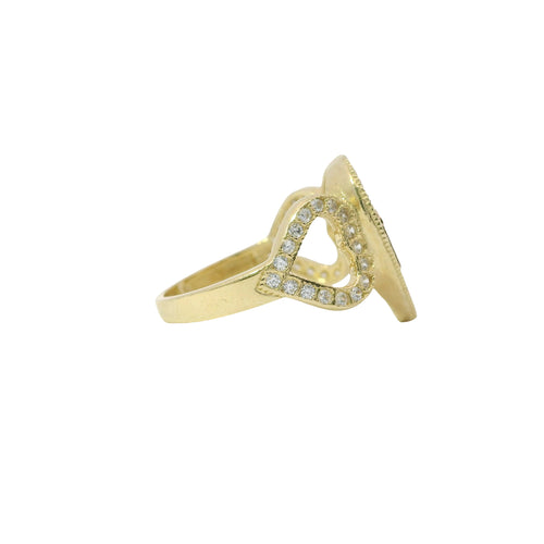 14KT Gold Ring Women's Two Tone Quinceanera "15" Heart Shape Center with Basketball lines and White CZ Stones Border Side Design Two Open White CZ Stone Hearts Plain Band