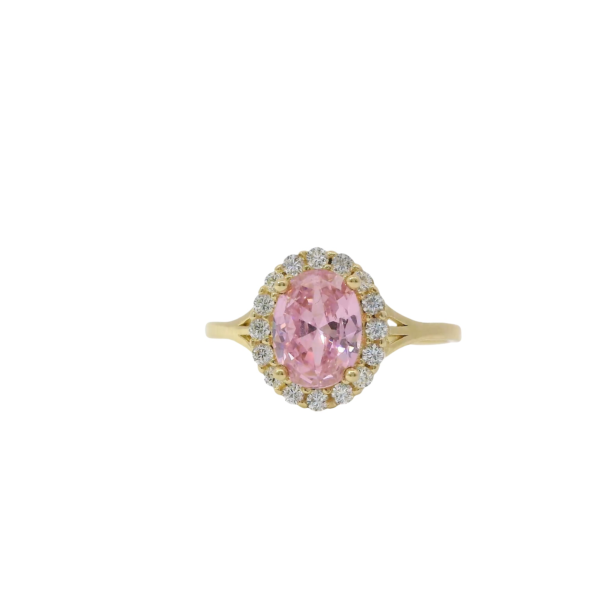 14KT Gold Ring Women's Oval Pink CZ Stone Center with Round White CZ Stones Border and Mini Plain Double Split Band