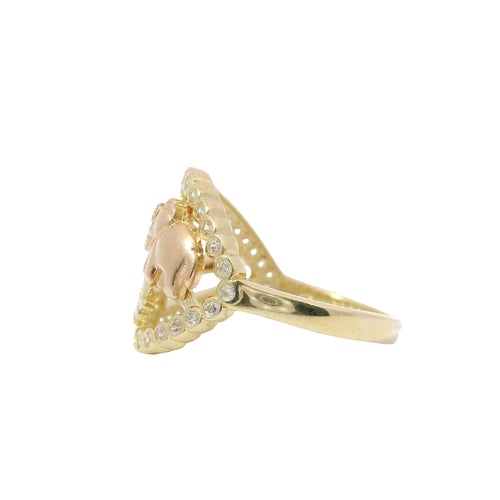 14KT Gold Ring Women's Tri Tone "Lucky Heart" Heart Shape with Open Split White CZ Stones Band "7" Center with Flower