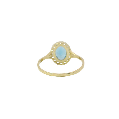 14KT Gold Ring Women's Oval Turquoise CZ Stone Center with Round White CZ Stones Border and Mini Plain Double Split Band