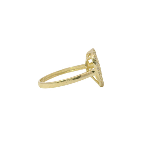 14KT Gold Ring Women's Open Stripe Heart with White CZ Stone Border