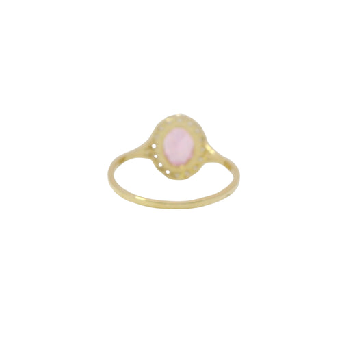 14KT Gold Ring Women's Oval Pink CZ Stone Center with Round White CZ Stones Border and Mini Plain Double Split Band