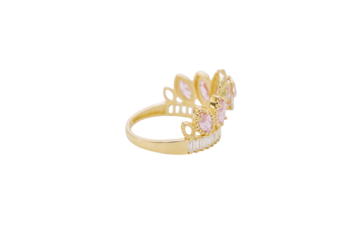 14KT Women's Gold Ring "15" Quinceanera Crown Pink CZ Stones with White Baguette CZ Stones Band Plain Shank