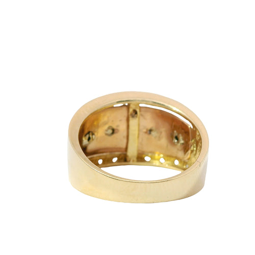 14KT Gold Ring Women's Tri Tone Right Facing White Gold Elephants One with Pink CZ Eye Rose Background White CZ Stones White Gold Band Border