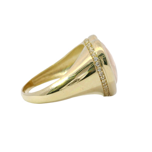 14KT Gold Ring Women's Two Tone Plain Puff Heart with Plain Puff Heart Border White CZ Stones Edge Plain Band