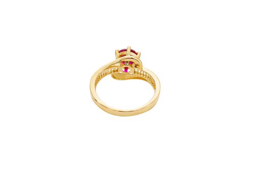 14KT Gold Ring Women's Round Red CZ Center Stone and Single Row White CZ Baguettes with "S" Band
