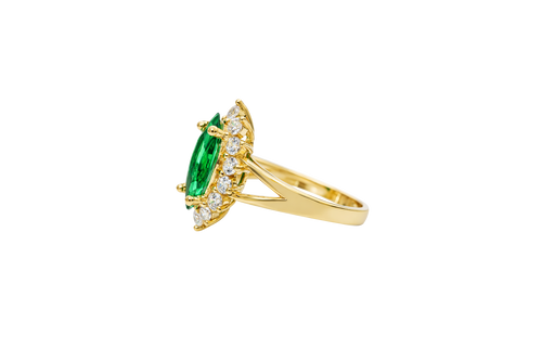 14KT Women's Gold Ring Jumbo Dark Green Marquise Center CZ with Round White CZ Stones Border and Plain Split Band
