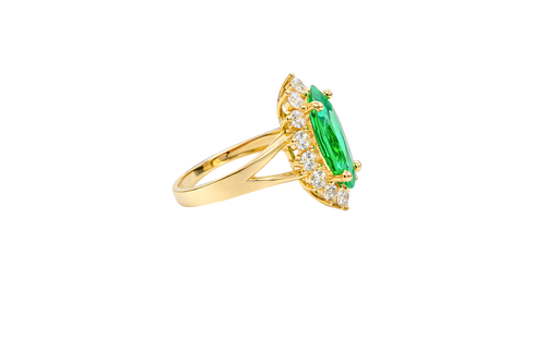 14KT Women's Gold Ring Jumbo Dark Green Marquise Center CZ with Round White CZ Stones Border and Plain Split Band