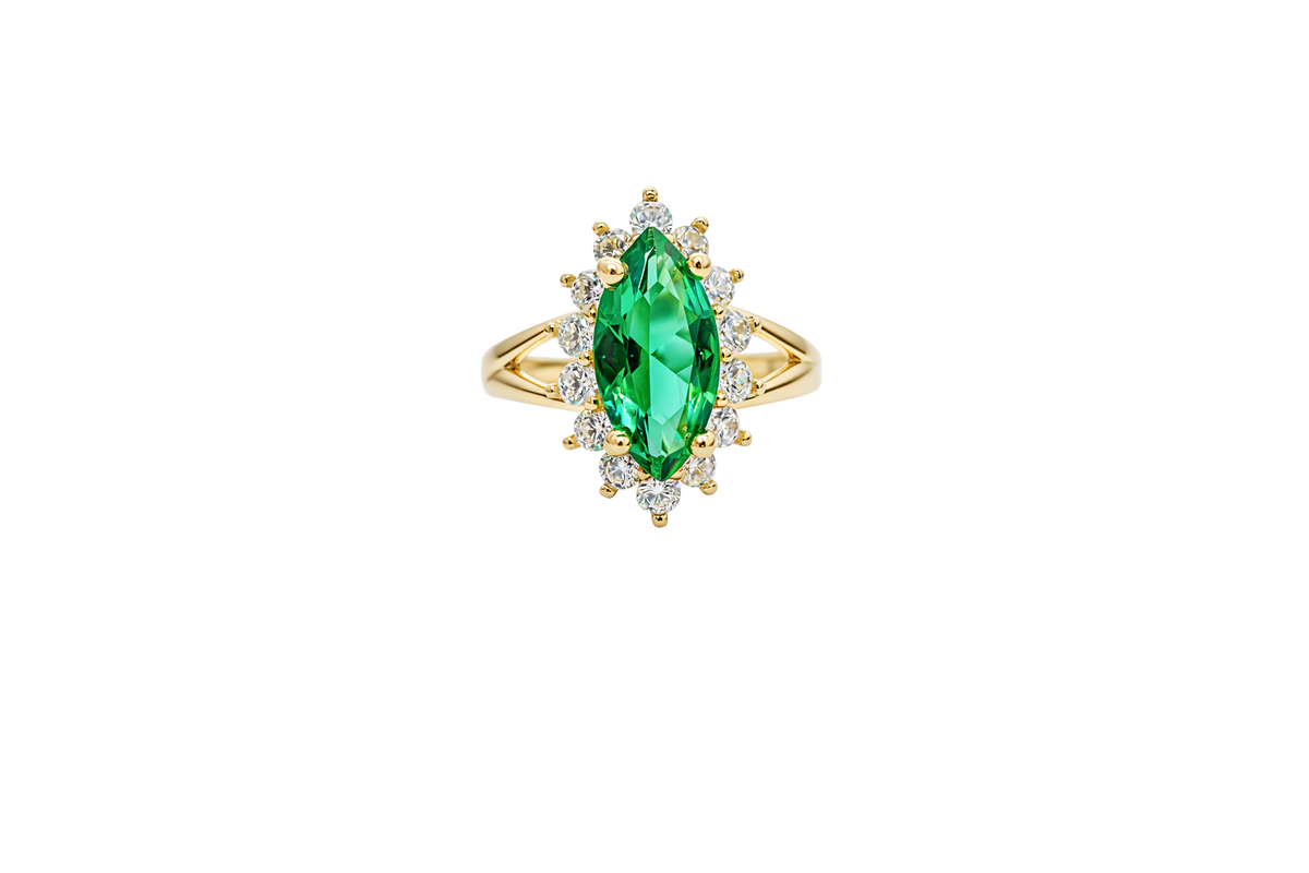 14KT Women's Gold Ring Jumbo Dark Green Marquise Center CZ with Round White CZ Stones Border and Plain Split Band