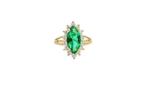 14KT Women's Gold Ring Jumbo Dark Green Marquise Center CZ with Round White CZ Stones Border and Plain Split Band