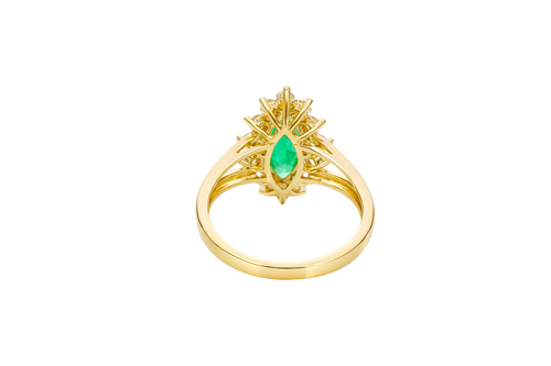 14KT Women's Gold Ring Jumbo Dark Green Marquise Center CZ with Round White CZ Stones Border and Plain Split Band