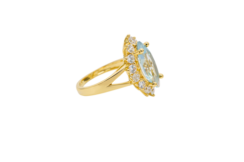 14KT Women's Gold Ring Jumbo Light Blue Marquise Center CZ with Round White CZ Stones Border and Plain Split Band