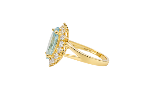 14KT Women's Gold Ring Jumbo Light Blue Marquise Center CZ with Round White CZ Stones Border and Plain Split Band