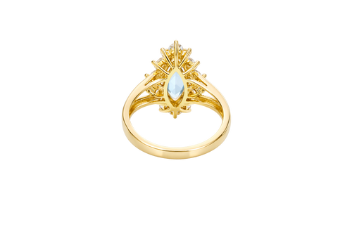 14KT Women's Gold Ring Jumbo Light Blue Marquise Center CZ with Round White CZ Stones Border and Plain Split Band