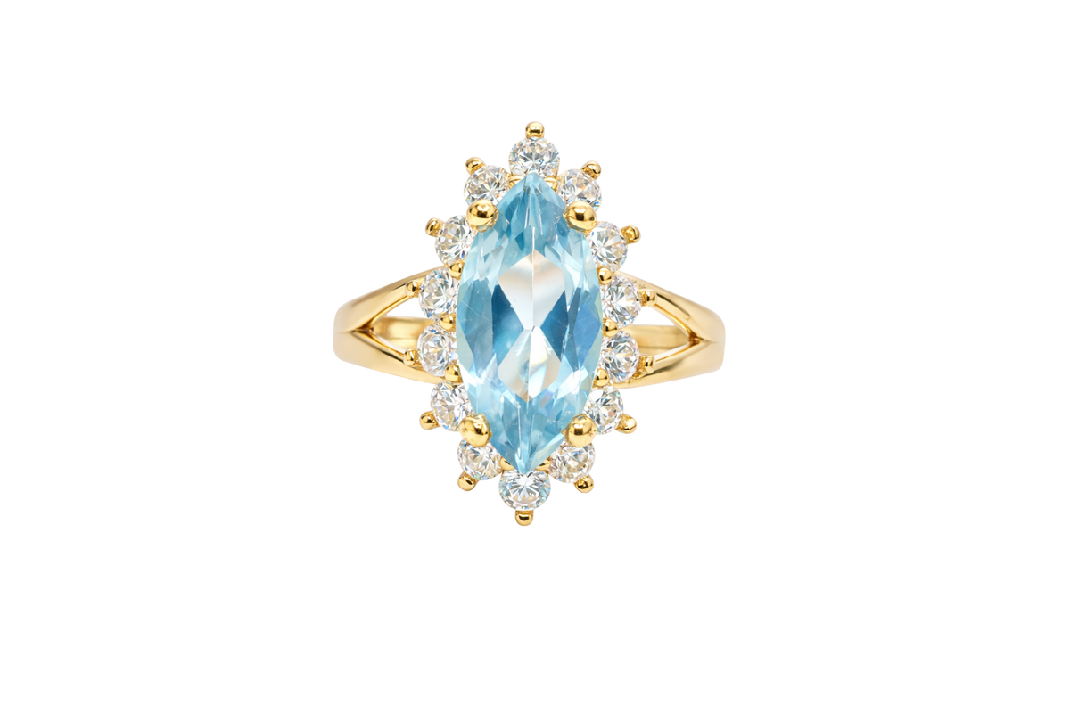 14KT Women's Gold Ring Jumbo Light Blue Marquise Center CZ with Round White CZ Stones Border and Plain Split Band