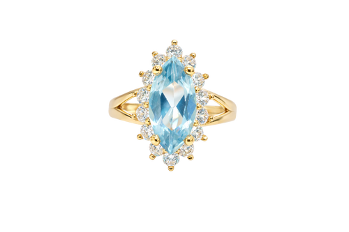 14KT Women's Gold Ring Jumbo Light Blue Marquise Center CZ with Round White CZ Stones Border and Plain Split Band