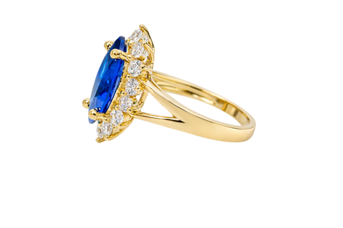 14KT Women's Gold Ring Jumbo Navy Blue Marquise Center CZ with Round White CZ Stones Border and Plain Split Band