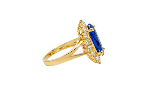 14KT Women's Gold Ring Jumbo Navy Blue Marquise Center CZ with Round White CZ Stones Border and Plain Split Band