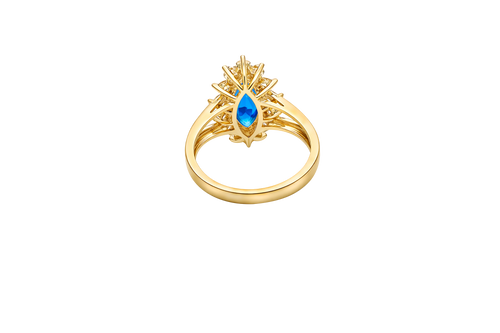 14KT Women's Gold Ring Jumbo Navy Blue Marquise Center CZ with Round White CZ Stones Border and Plain Split Band