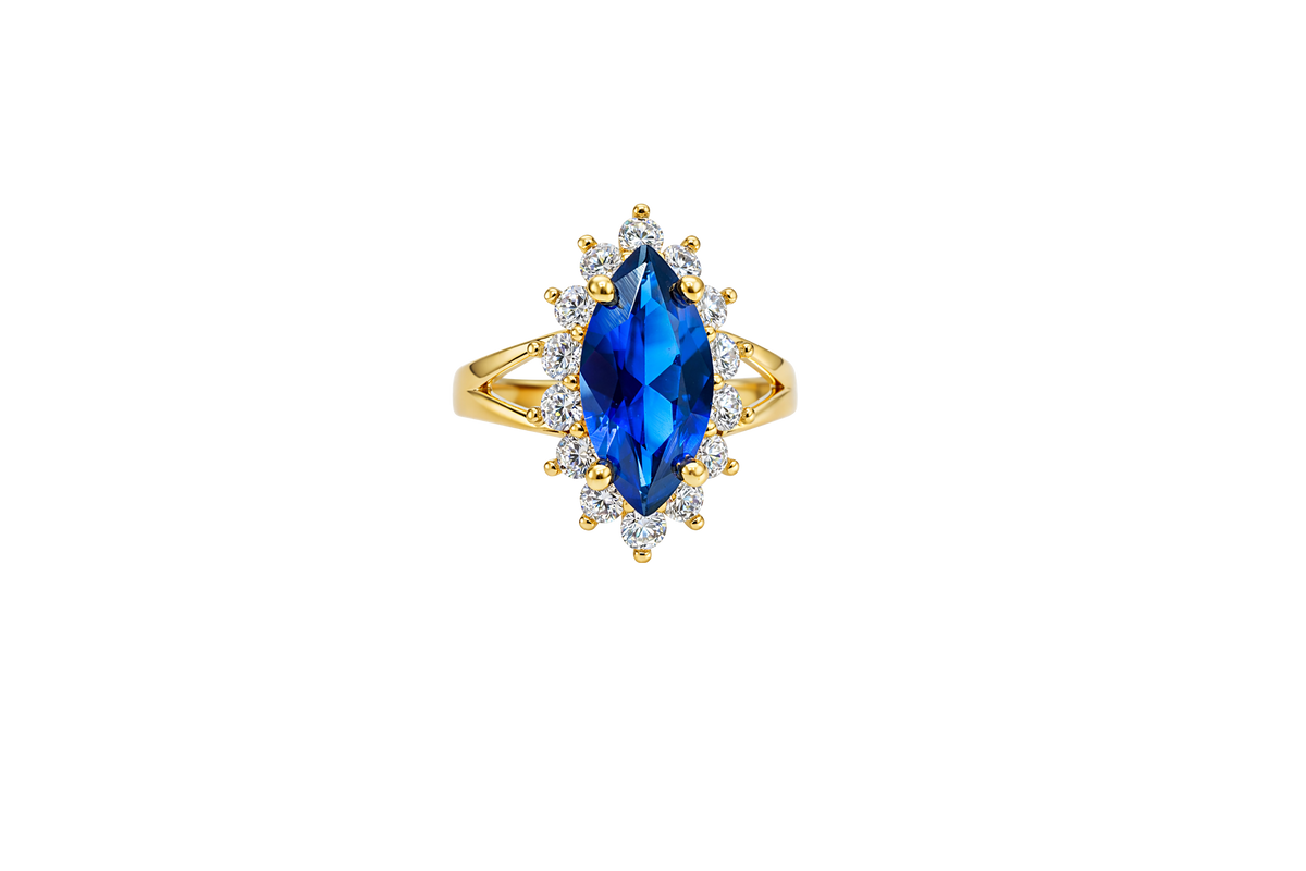 14KT Women's Gold Ring Jumbo Navy Blue Marquise Center CZ with Round White CZ Stones Border and Plain Split Band