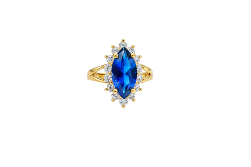 14KT Women's Gold Ring Jumbo Navy Blue Marquise Center CZ with Round White CZ Stones Border and Plain Split Band