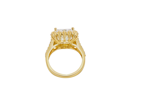 14KT Gold Women's Ring Jumbo Rectangle White Center CZ Stone with Round White CZ Stones Border and Split White CZ Stones Band