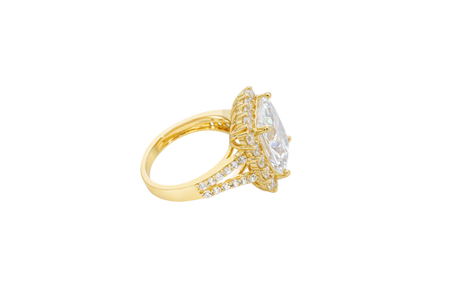 14KT Gold Women's Ring Jumbo Rectangle White Center CZ Stone with Round White CZ Stones Border and Split White CZ Stones Band