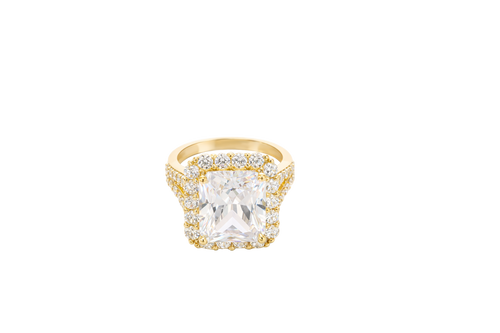 14KT Gold Women's Ring Jumbo Rectangle White Center CZ Stone with Round White CZ Stones Border and Split White CZ Stones Band