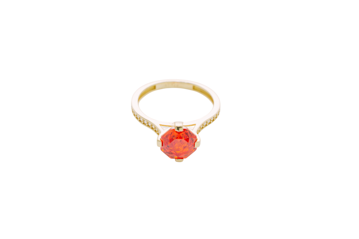 14KT Gold Women's Ring Octagon Rose Jumbo 4 Prong Burnt Orange CZ Center Stone with Round White Pave CZ Stone Band
