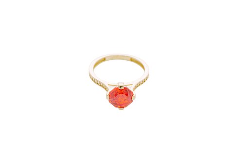 14KT Gold Women's Ring Octagon Rose Jumbo 4 Prong Burnt Orange CZ Center Stone with Round White Pave CZ Stone Band