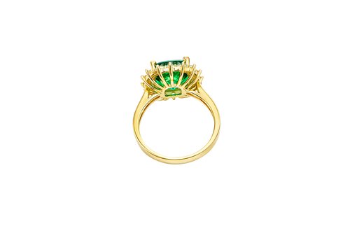 14KT Gold Ring Women's Jumbo Dark Green Square with White CZ Stones Border and Plain Bando CZ Baguettes with Single Row of Round White CZ Stones Border Band