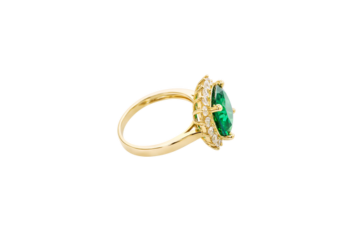 14KT Gold Ring Women's Jumbo Dark Green Square with White CZ Stones Border and Plain Bando CZ Baguettes with Single Row of Round White CZ Stones Border Band