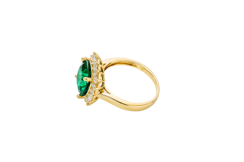 14KT Gold Ring Women's Jumbo Dark Green Square with White CZ Stones Border and Plain Bando CZ Baguettes with Single Row of Round White CZ Stones Border Band